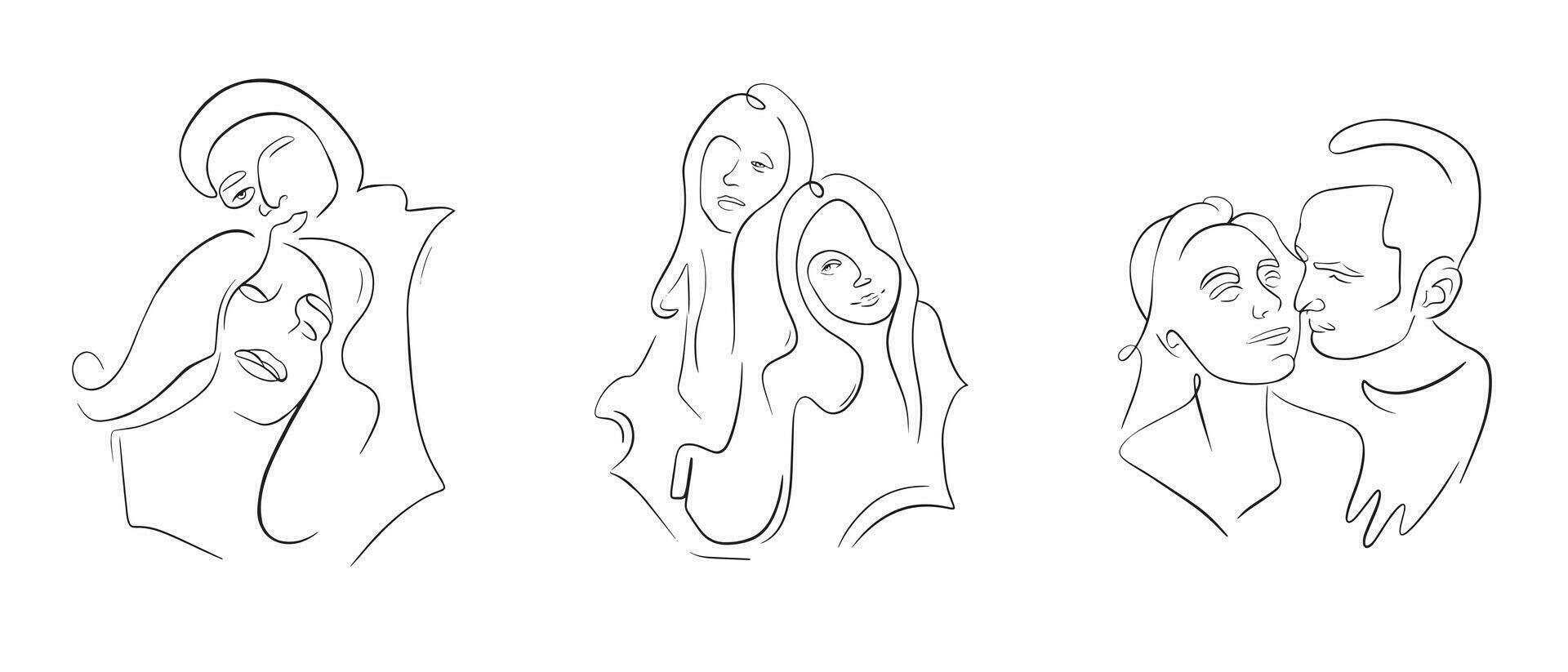 Contour drawing of pairs. Linear artistic illustration of faces. Continuous linear drawing of couples in love. Printing for design, postcards, backgrounds, invitations vector