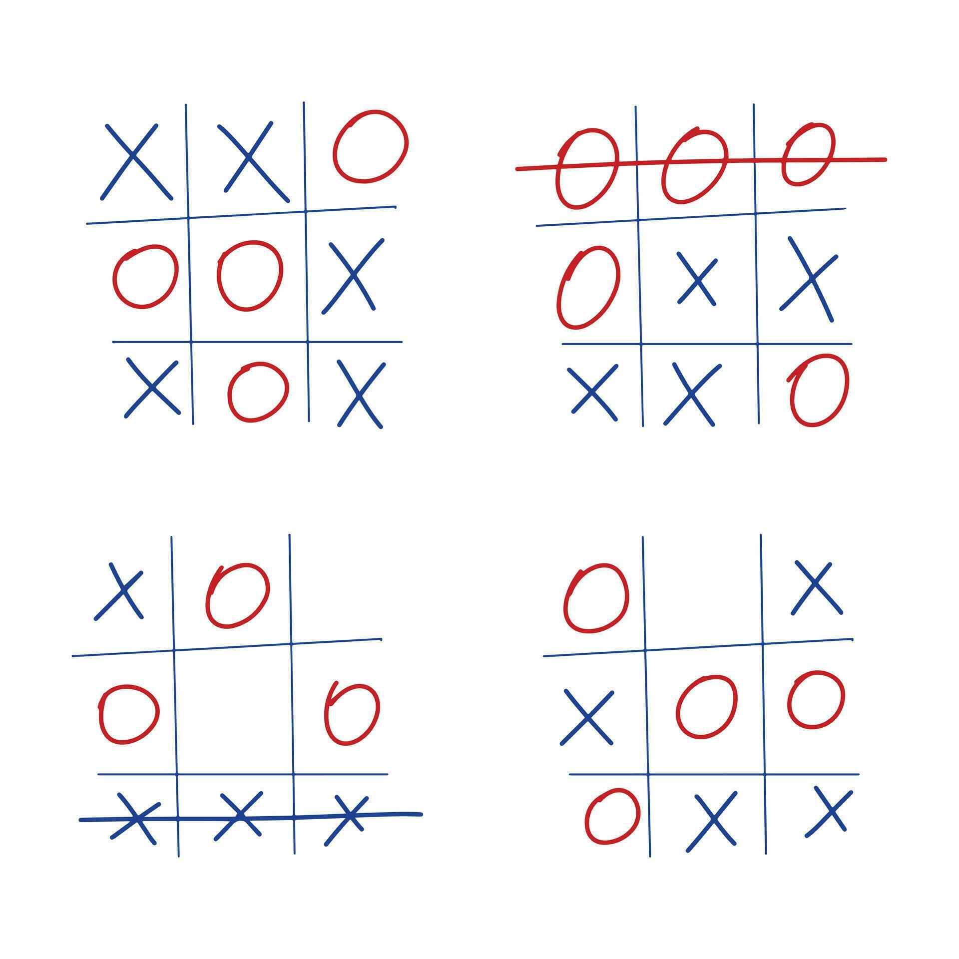 Tictactoe game 4 combinations, 2 wins and 2 losses blue and red. A