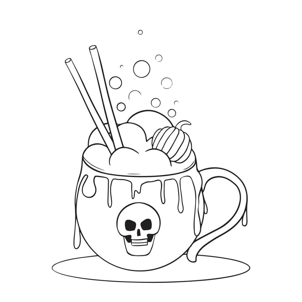 Coffee latte for Halloween with a skull, pumpkin and cookies. Mystical decoration of a Halloween mug with smudges. Coloring pages for Halloween vector