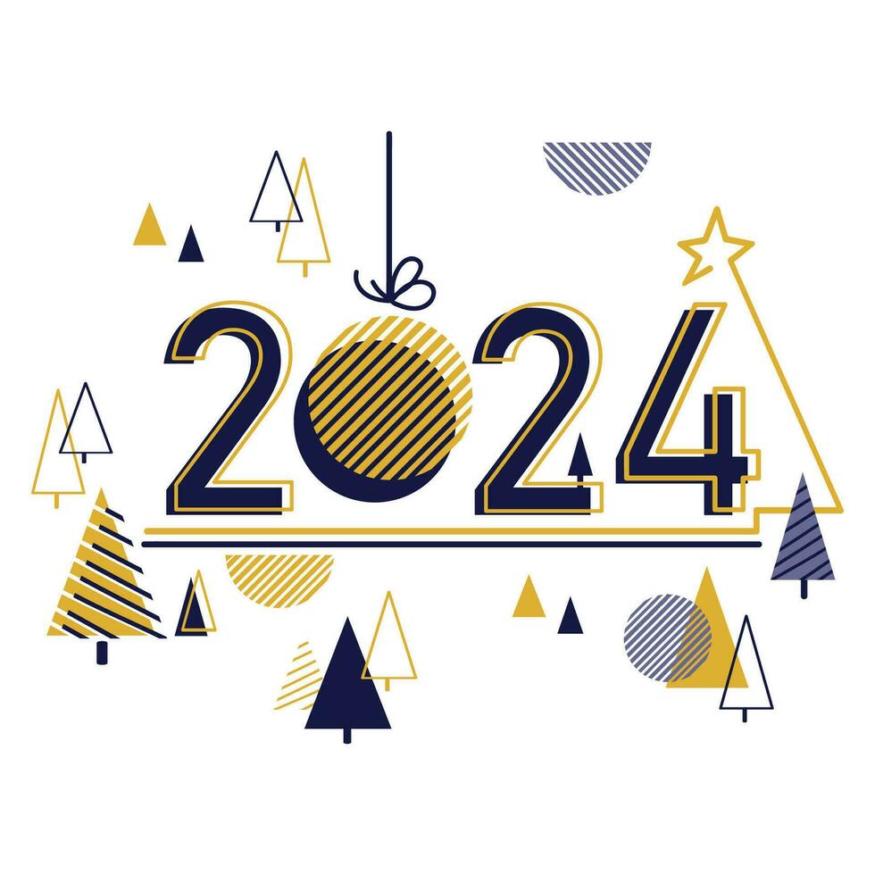 2024 numbers With abstract minimalistic fir trees and geometric shapes vector illustration on a white background.Merry Christmas and Happy New Year background in Scandinavian style for Holiday design