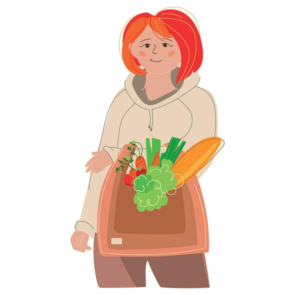 Young woman with eco bag full of fresh produce vegetables fruits and fresh baguette.People and shopping.Woman with shopper bag vector illustration