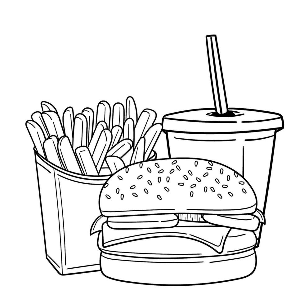 vector de rápido alimento. vector ilustración en bosquejo estilo. conjunto de francés papas fritas, hamburguesa y soda