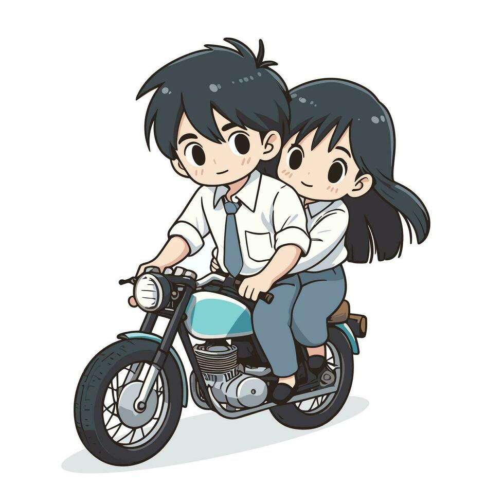 Cute couple of high school students riding motorcycle illustration vector