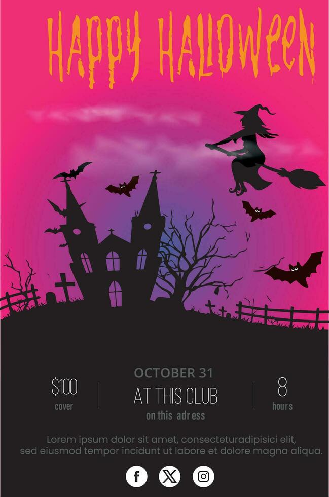 A Halloween party invitation template with a witch flying on a broomstick. Vector illustration.