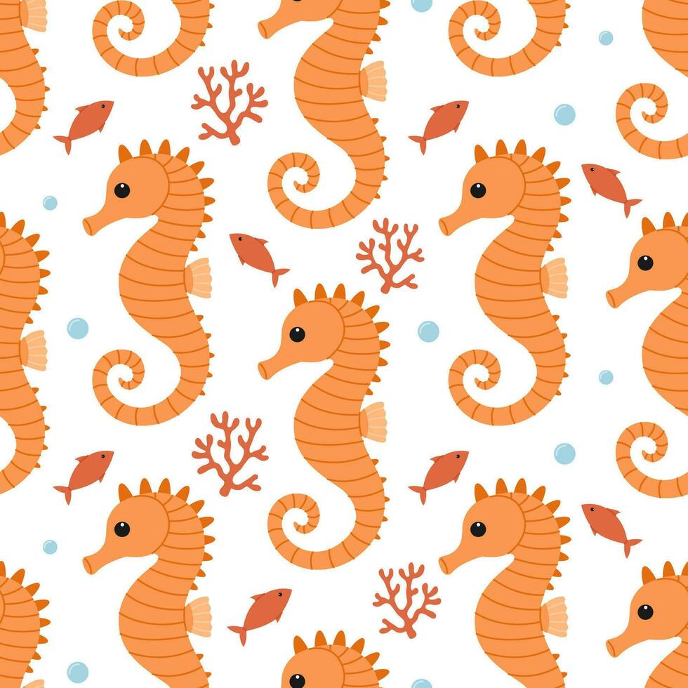 Seamless pattern with cute orange seahorses, seaweed, fish and bubbles. Vector flat illustration isolated on white background. Marine print with sea and ocean animals
