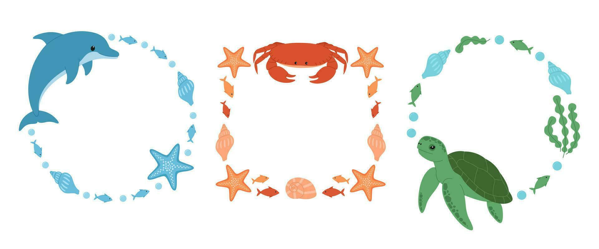 conjunto de marcos con mar animales redondo y cuadrado marcos wirh delfín, cangrejo y tortuga. marina recopilación. vector plano ilustración aislado en blanco antecedentes