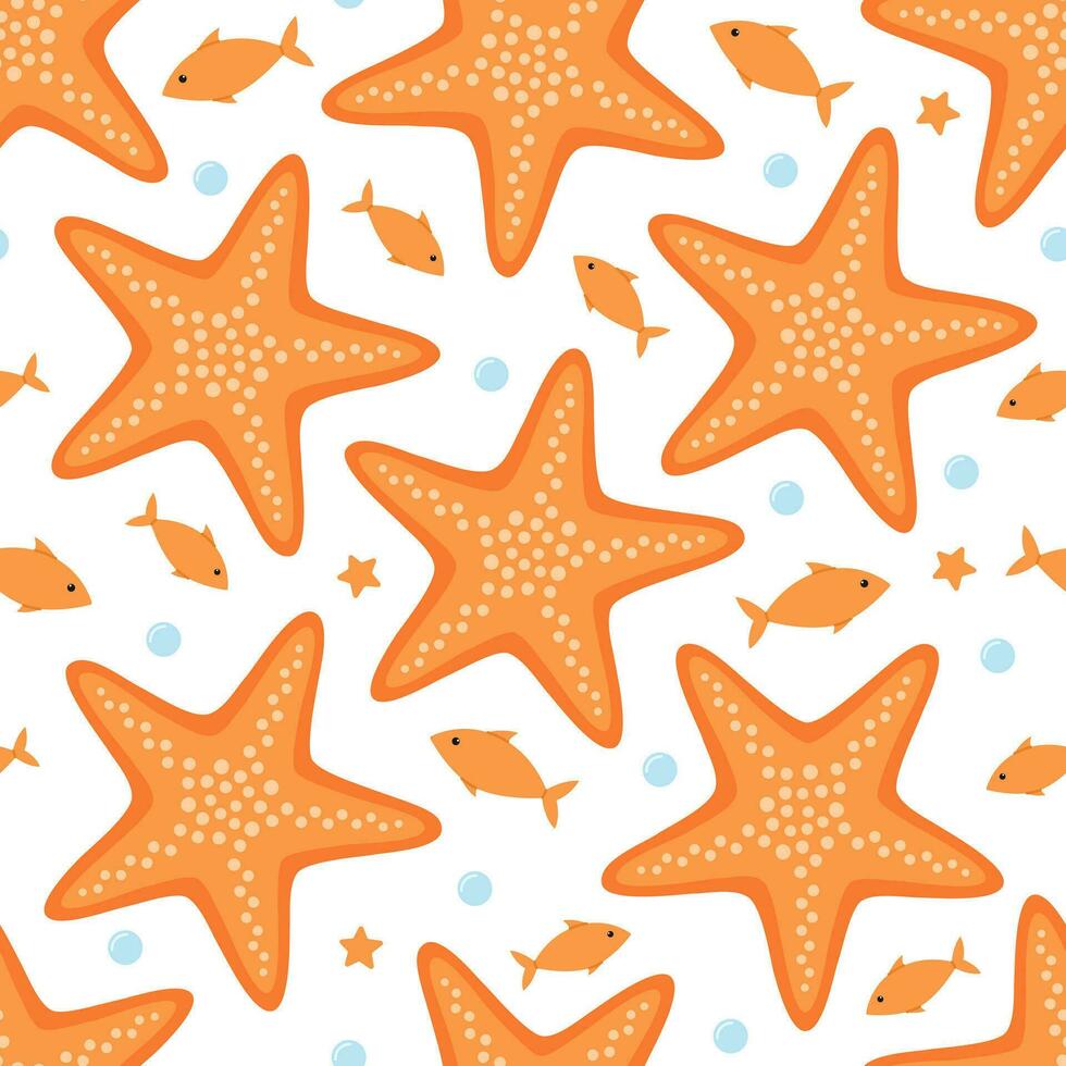 sin costura modelo con linda naranja estrella de mar, pescado y burbujas vector plano ilustración aislado en blanco antecedentes. marina impresión con mar y Oceano animales