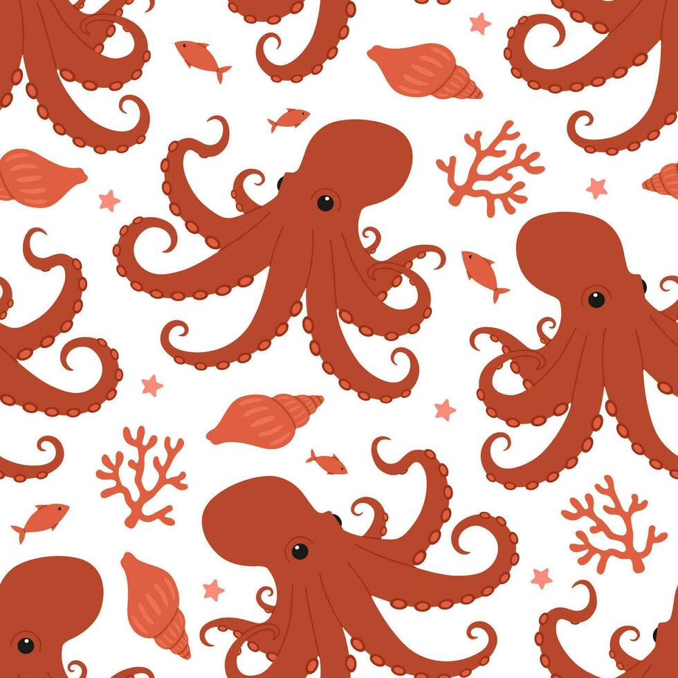 Seamless pattern with cute red octopuses, seaweed, shells, fish and starfish. Vector flat illustration isolated on white background. Marine print with sea and ocean animals