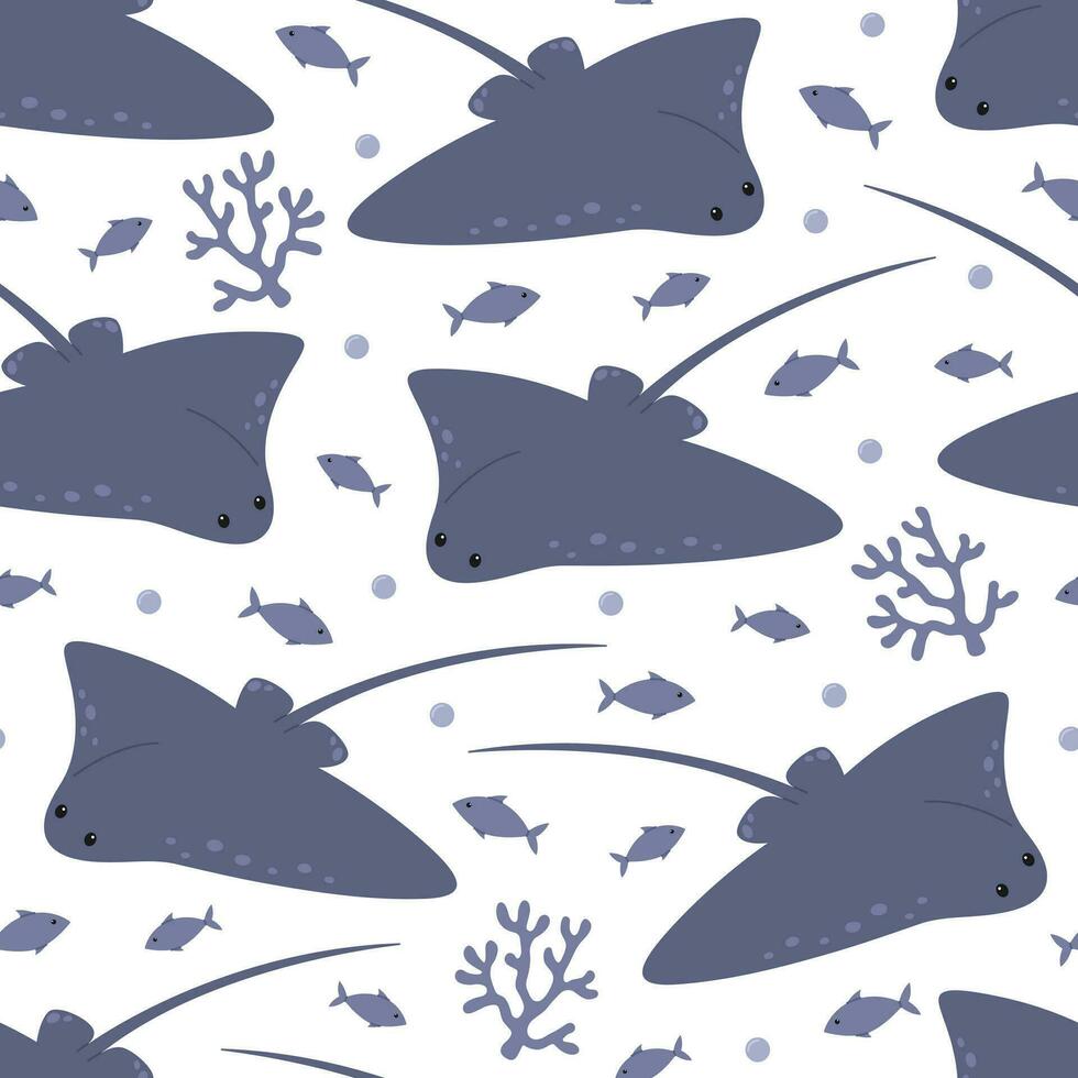 Seamless pattern with cute blue stingrays, seaweed, fish and bubbles. Vector flat illustration isolated on white background. Marine print with sea and ocean animals
