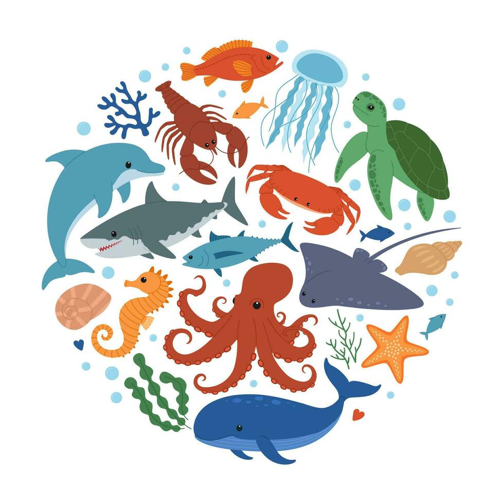 Sea and ocean animals in circle shape. Cute dolphin, whale, crab, seahorse, starfish, lobster, turtle, stingray, octopus, shark, jellyfish and fish. Wild marine creatures. Vector illustration