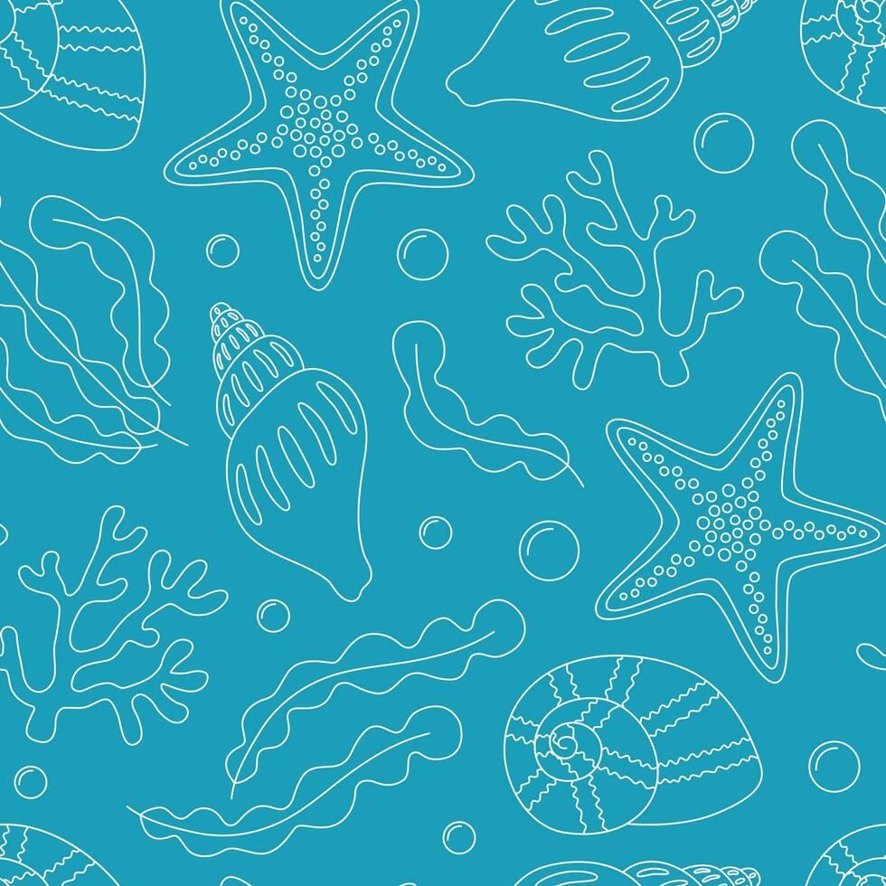 Seamless pattern with starfish, seashells, seaweed and bubbles. Contour white sea elements on a blue background. Underwater life. Vector illustration