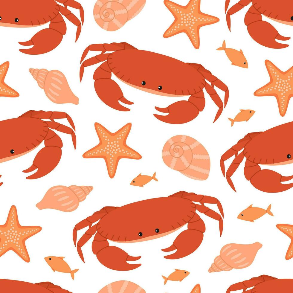 sin costura modelo con linda naranja cangrejos, estrella de mar, conchas y pez.vector plano ilustración aislado en blanco antecedentes. marina impresión con mar y Oceano animales vector