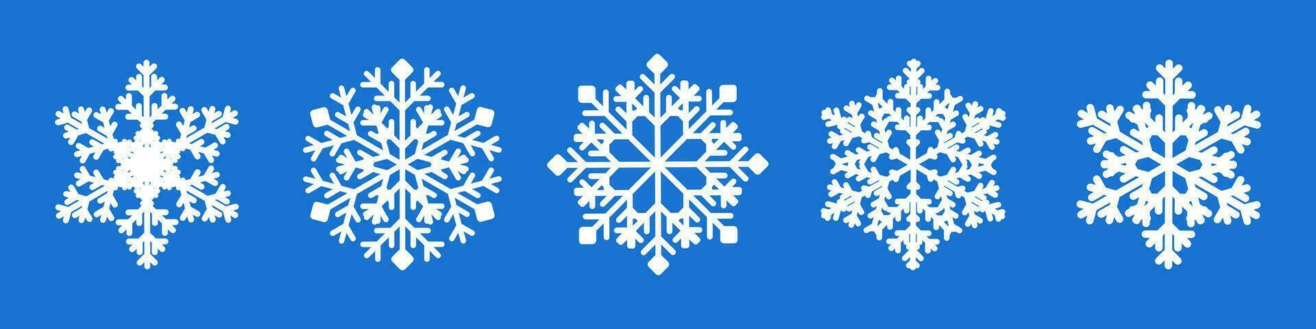 White Snowflake collection isolated on blue background. Flat snow icons, snow flakes silhouette. New year set snowflakes for christmas banner, cards vector