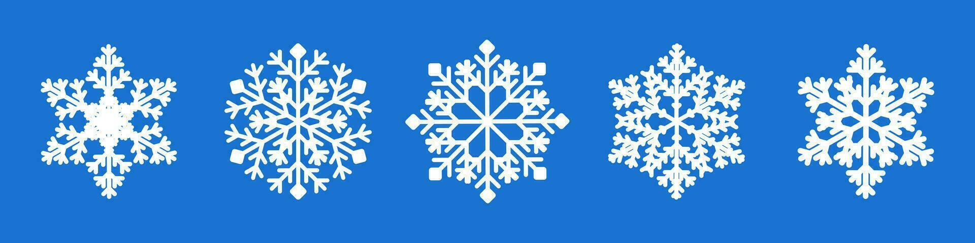 blanco copo de nieve colección aislado en azul antecedentes. plano nieve iconos, nieve copos silueta. nuevo año conjunto copos de nieve para Navidad bandera, tarjetas vector