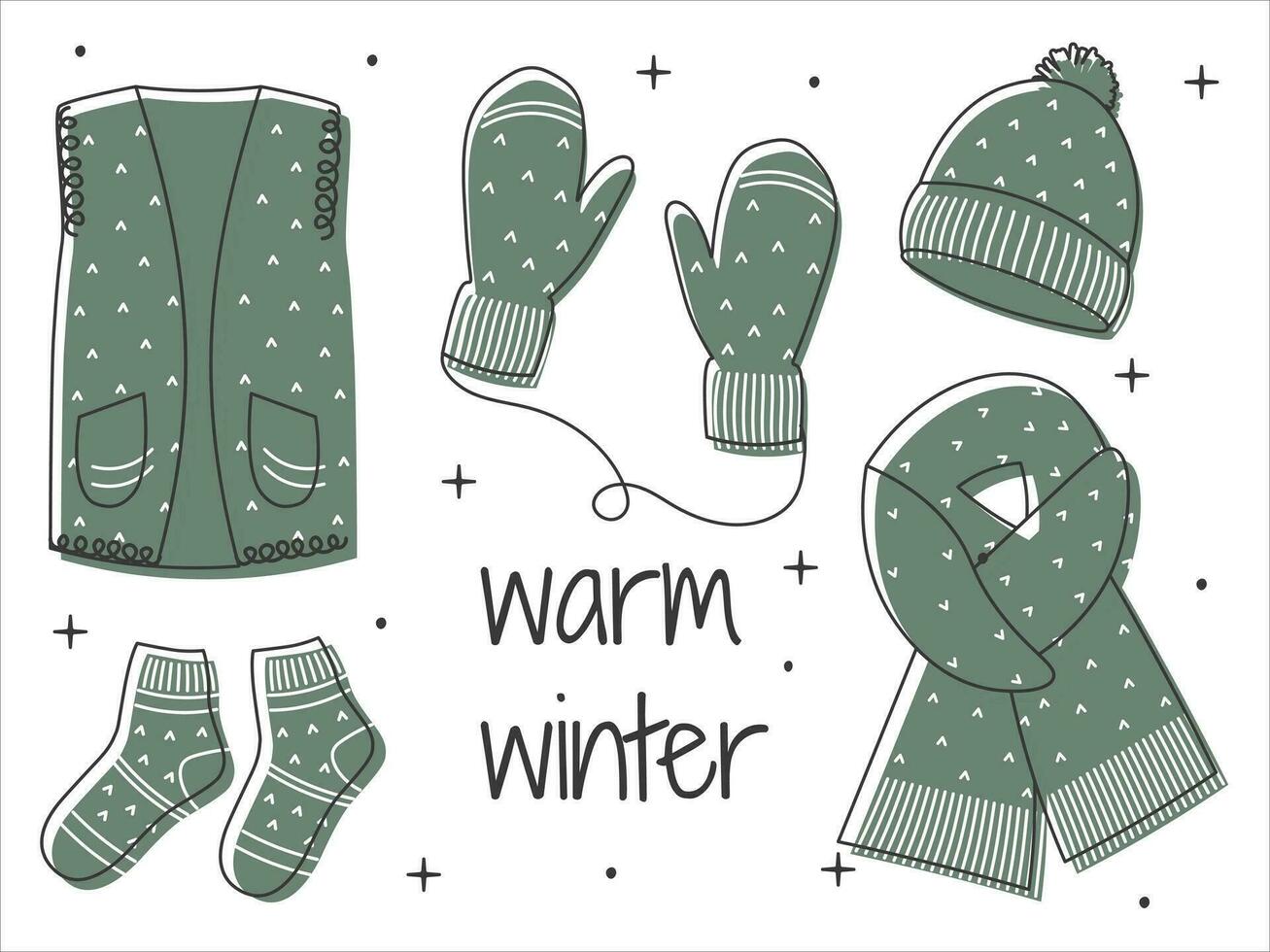 Winter hand drawn set clothes with warm Winter inscription. Cozy warm clothes. Green woolen outfit. Linear Vector sketch icon isolated on white. Seasonal Design element