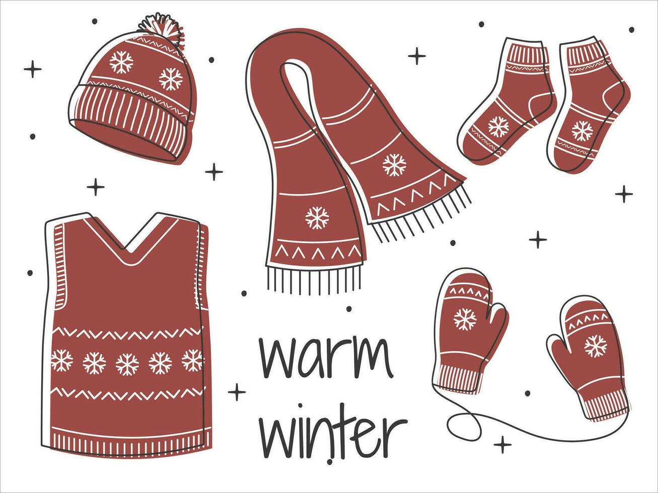 Winter hand drawn set clothes with warm Winter inscription. Cozy warm clothes. Red woolen outfit. Linear Vector sketch icon isolated on white. Seasonal Design element