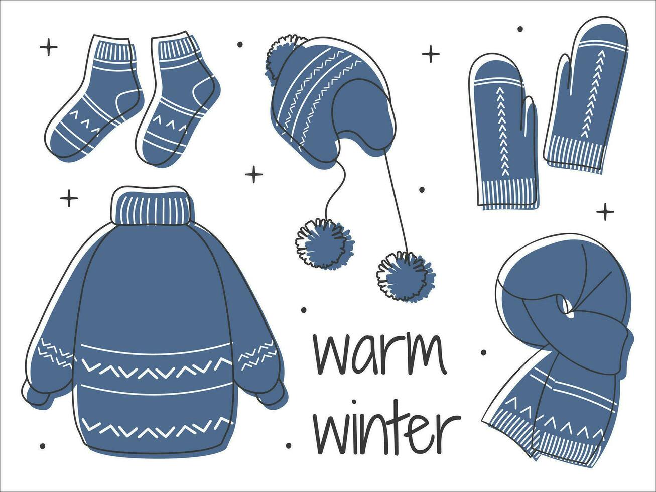 Winter hand drawn set clothes with warm Winter inscription. Cozy warm clothes. Blue woolen outfit. Linear Vector sketch icon isolated on white. Seasonal Design element