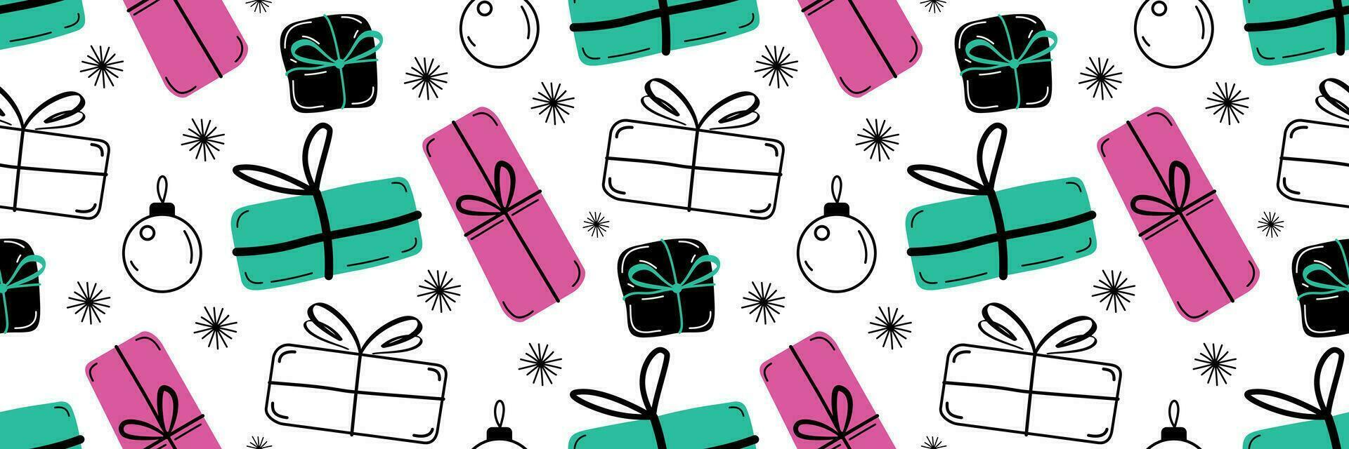 Hand drawn Christmas seamless pattern. New year gifts vector illustration. Holiday paper, printing on wrapping paper, wallpaper or fabric.