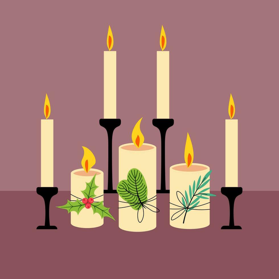 Navidad velas colocar. festivo decoración y comodidad en el casa. velas para el banquete y el altar. invierno tarjeta postal concepto. vector plano ilustración.