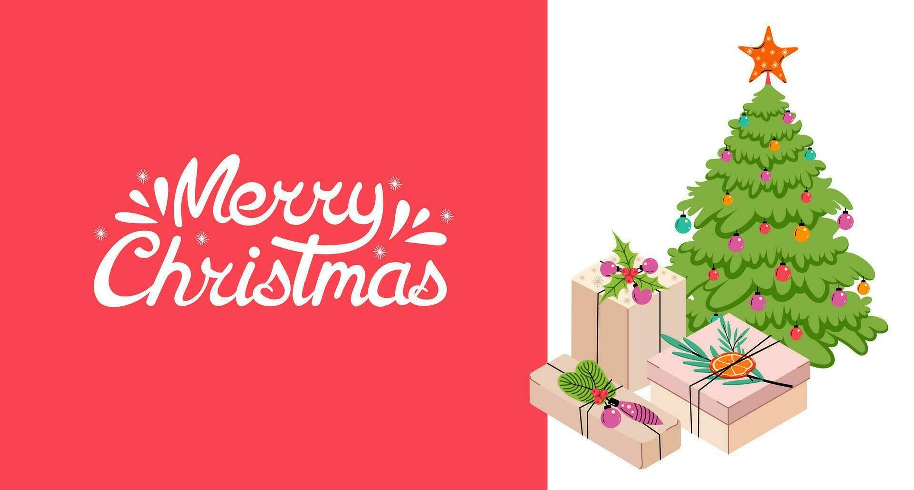 Merry Christmas web banner. Lettering and festive fir trees with isometric gifts. Christmas background. Winter greeting card. Vector illustration. Flat design.