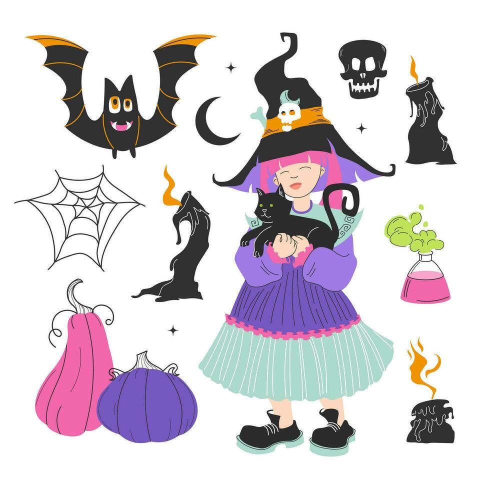 Halloween illustrated set of vector elements. Little cute witch with black cat. Items of the sorceress, cauldron with potion, pumpkins, candles, spider, broom, skull. Elements of magic.