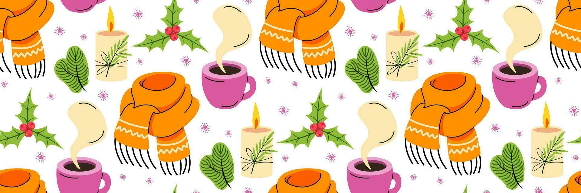 Merry Christmas seamless pattern. Cozy winter items scarf hot drink fir branches and candles. Pattern for background, printing on wrapping paper, wallpaper or fabric. Vector flat illustration.