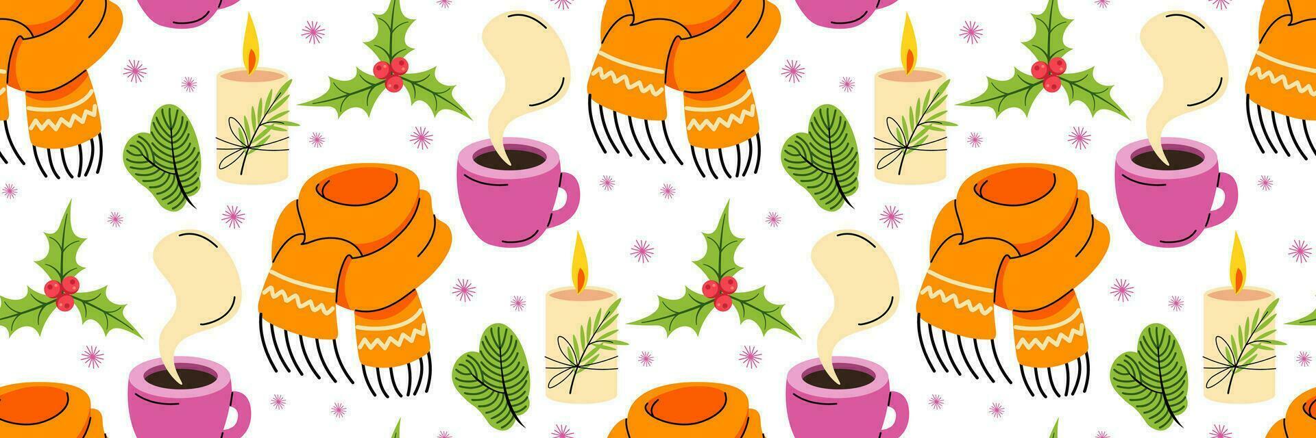 Merry Christmas seamless pattern. Cozy winter items scarf hot drink fir branches and candles. Pattern for background, printing on wrapping paper, wallpaper or fabric. Vector flat illustration.