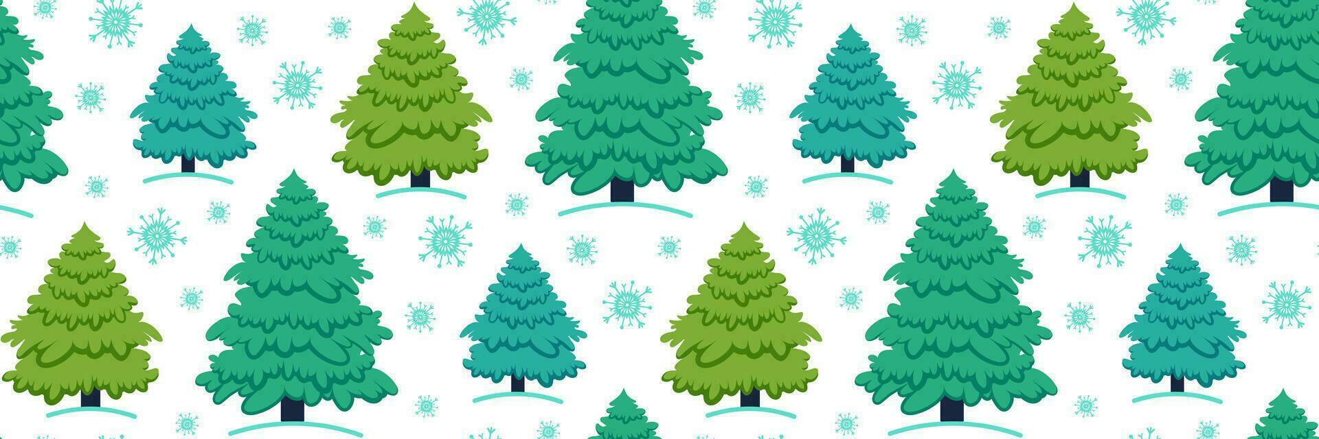 Christmas tree seamless pattern. Winter fir trees and snowflakes background. Pattern for background, printing on wrapping paper, wallpaper or fabric. vector