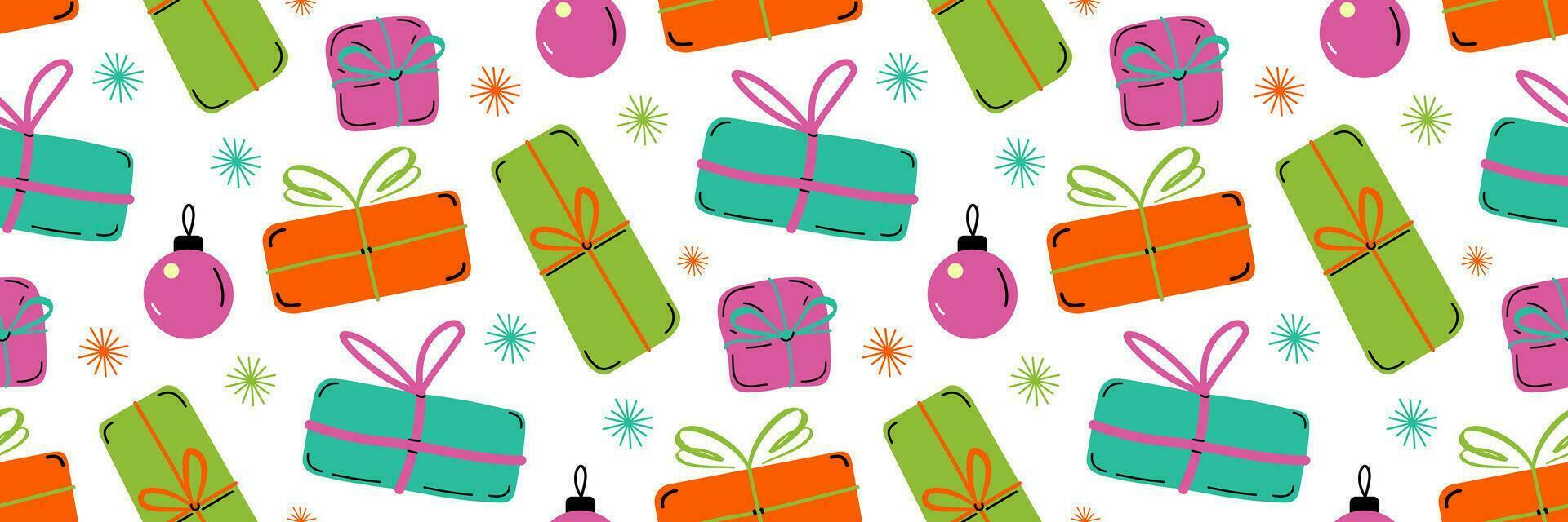 Christmas and new year gifts seamless pattern. Merry and Bright Rainbow Hues elements. Holiday paper, printing on wrapping paper, wallpaper or fabric. Hand drawn vector illustration.
