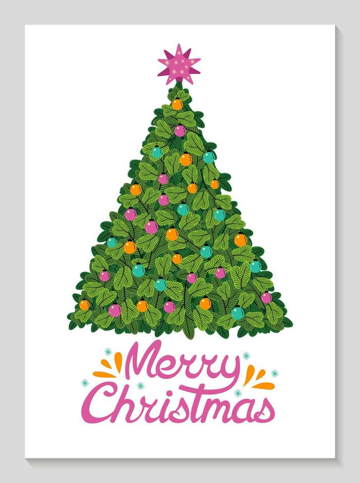 Merry Christmas lettering. Greeting card with Christmas tree with balloons and inscriptions. Elegant design for Xmas celebration. New Year poster design. Vector flat illustration.