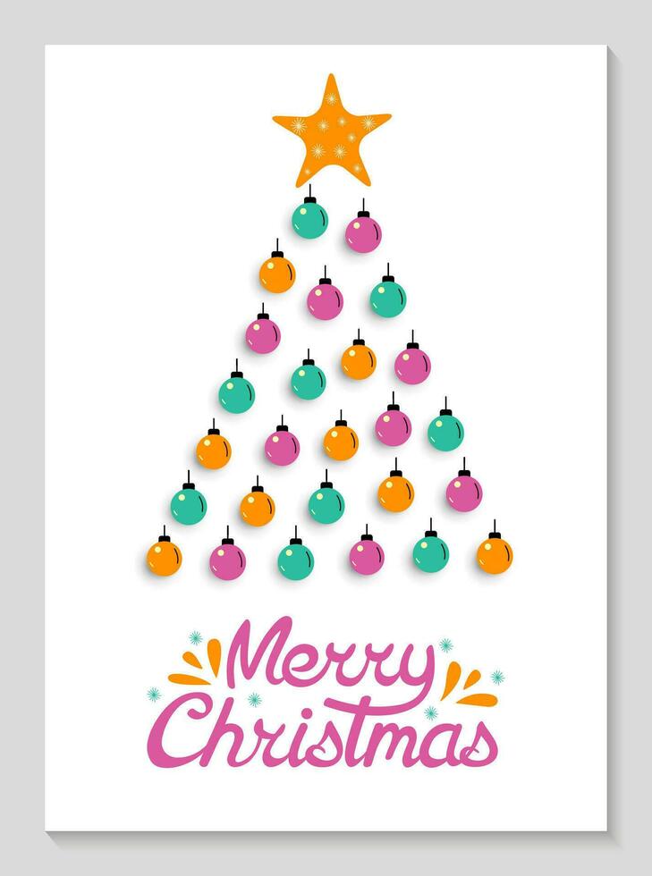 Merry Christmas lettering. Greeting card with Christmas tree made of balloons and inscriptions. Simple New Year poster design. Vector flat illustration.
