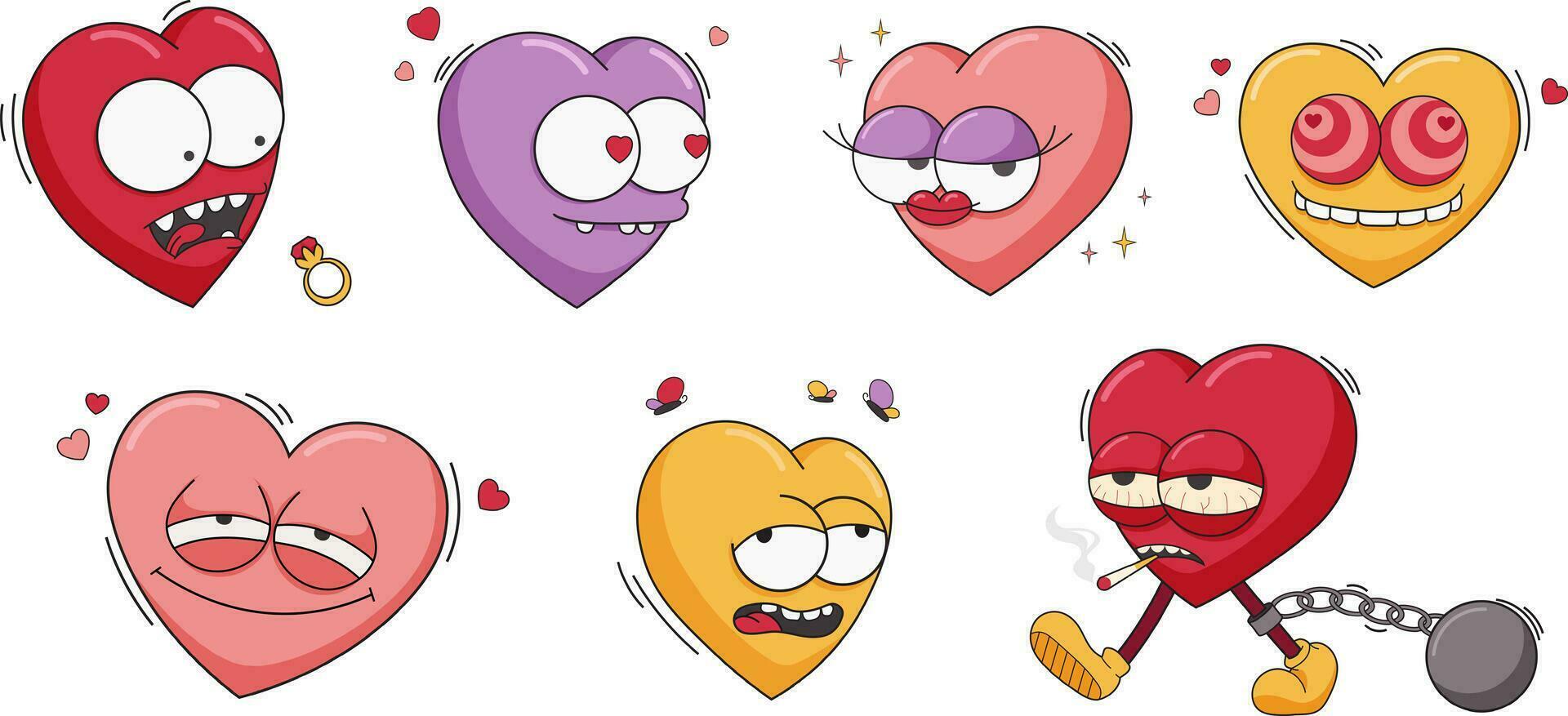 Y2K character heart. Vector stickers of funny crazy hearts for Valentine's day. Tired, in love, flirting, scared and happy heart