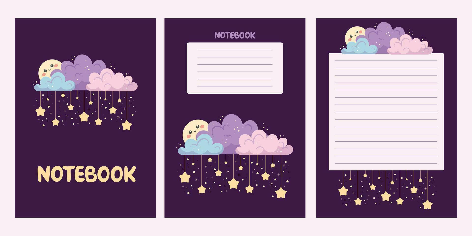 Cute cartoon moon behind clouds with lots of stars. Vector image of templates for notebooks with lines for inscriptions