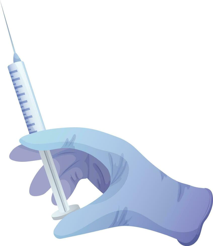 Hand in medical blue glove holds syringe. Vector illustration of single object on transparent background