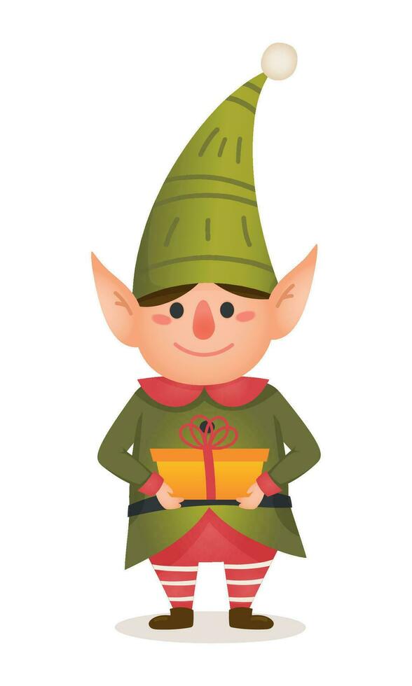 Christmas elf cartoon character. Little Santas helper in green costume standing and holding gift box vector