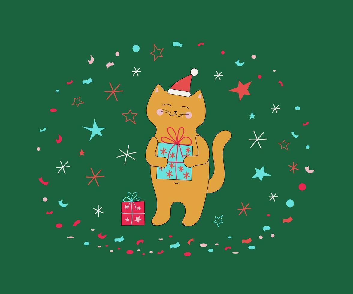 Cartoon cat. Cat with a gift box wearing a Santa hat. Boxing Day, Confetti, stars, snowflakes. Christmas, New Year, holiday. vector