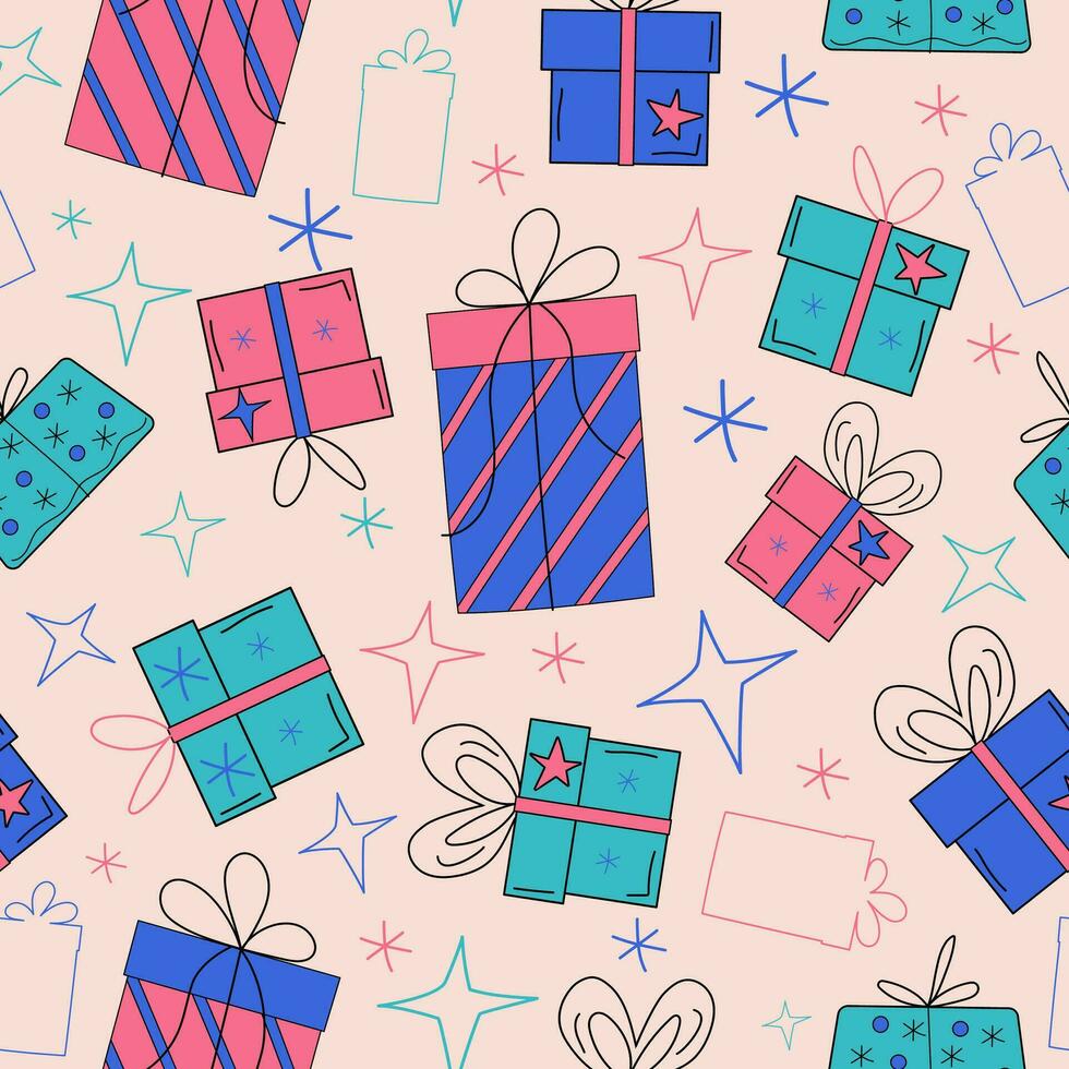 Christmas, New Year gifts vector seamless pattern. Boxes with gifts and, snowflakes and stars. Graphic resource for holiday packaging design. Icons on isolated background.