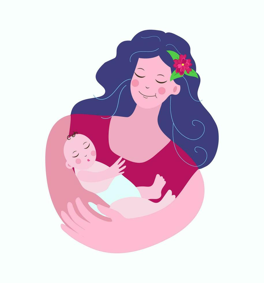 madre, bebé. un joven mujer con largo pelo y un dormido bebé en su brazos. vector
