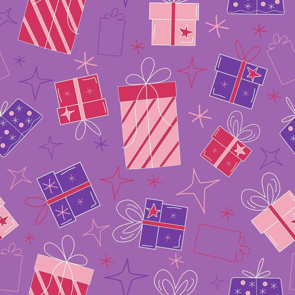 Christmas, New Year gifts vector seamless pattern. Boxes with gifts and, snowflakes and stars. Graphic resource for holiday packaging design. Icons on isolated background.
