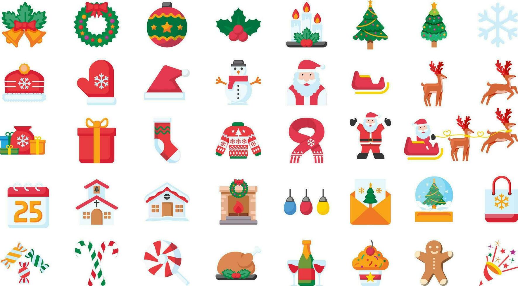 Flat vector set of colorful items related to Christmas. Santa Claus, snowman, gifts and tree. Elements for greeting cards.