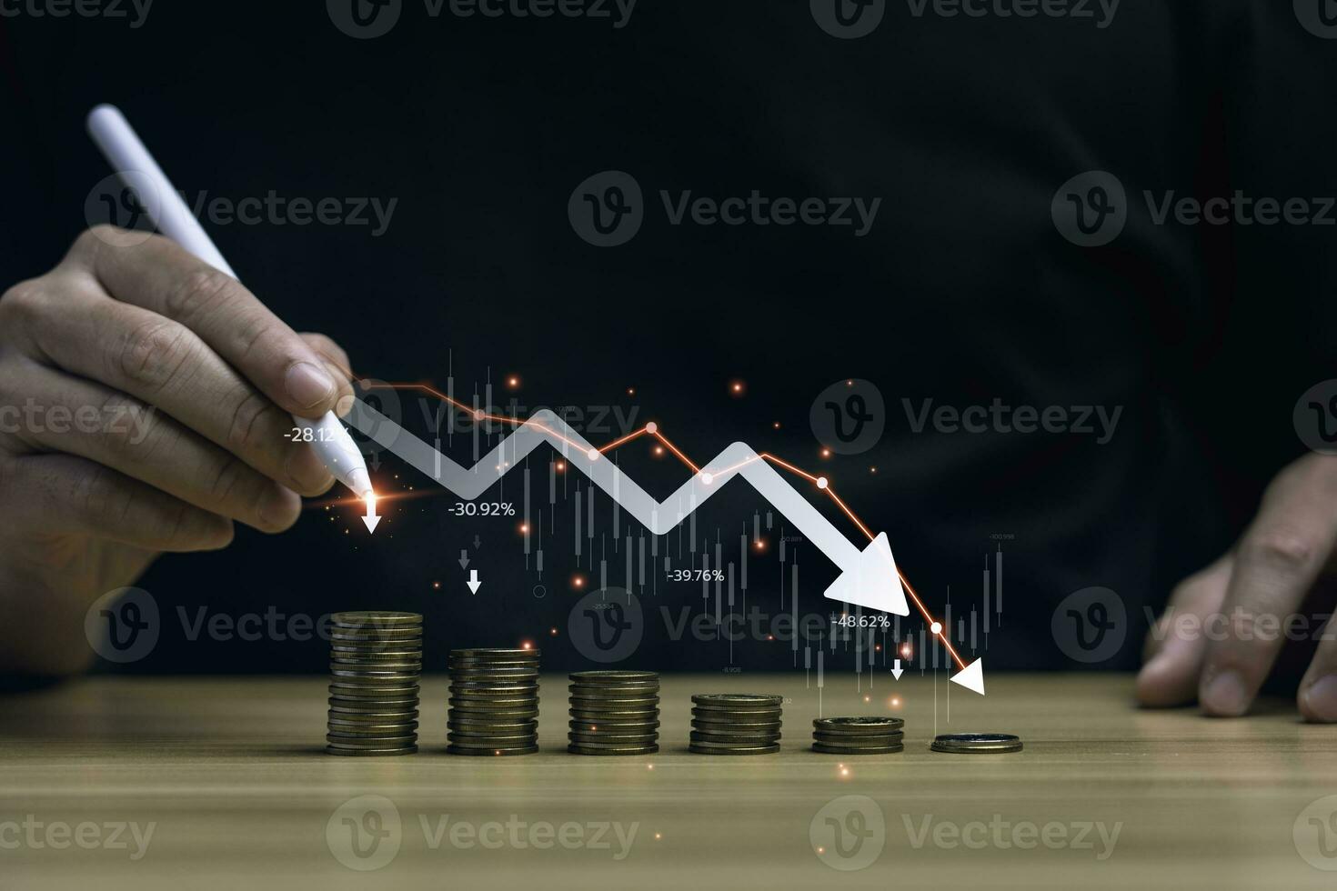 Economic collapse concept, businessman with falling financial graph