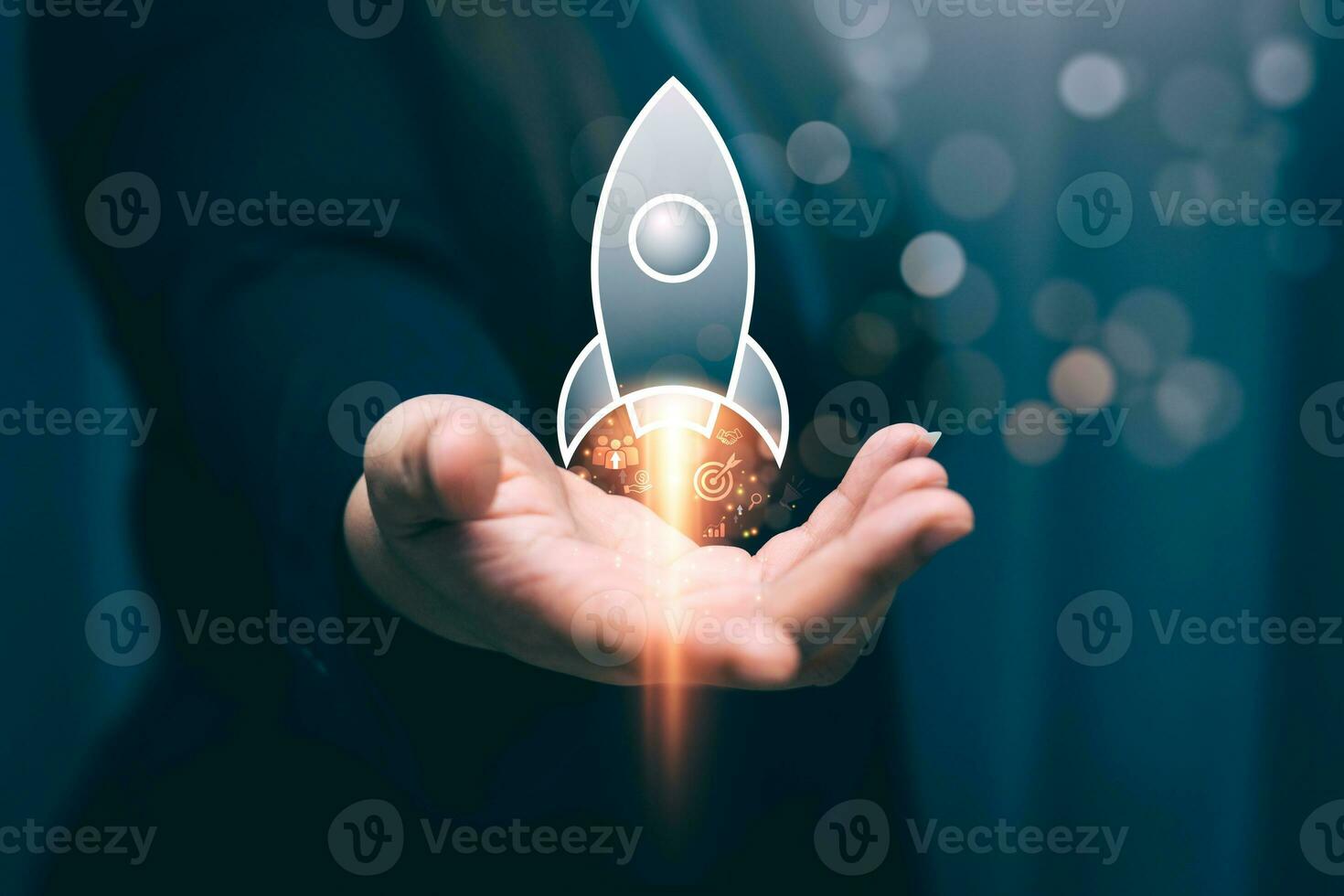 Startup business concept, rocket is launching and flying from hand to sky for growing business, fast business success. startup founder, network connection, idea generation, digital marketing photo