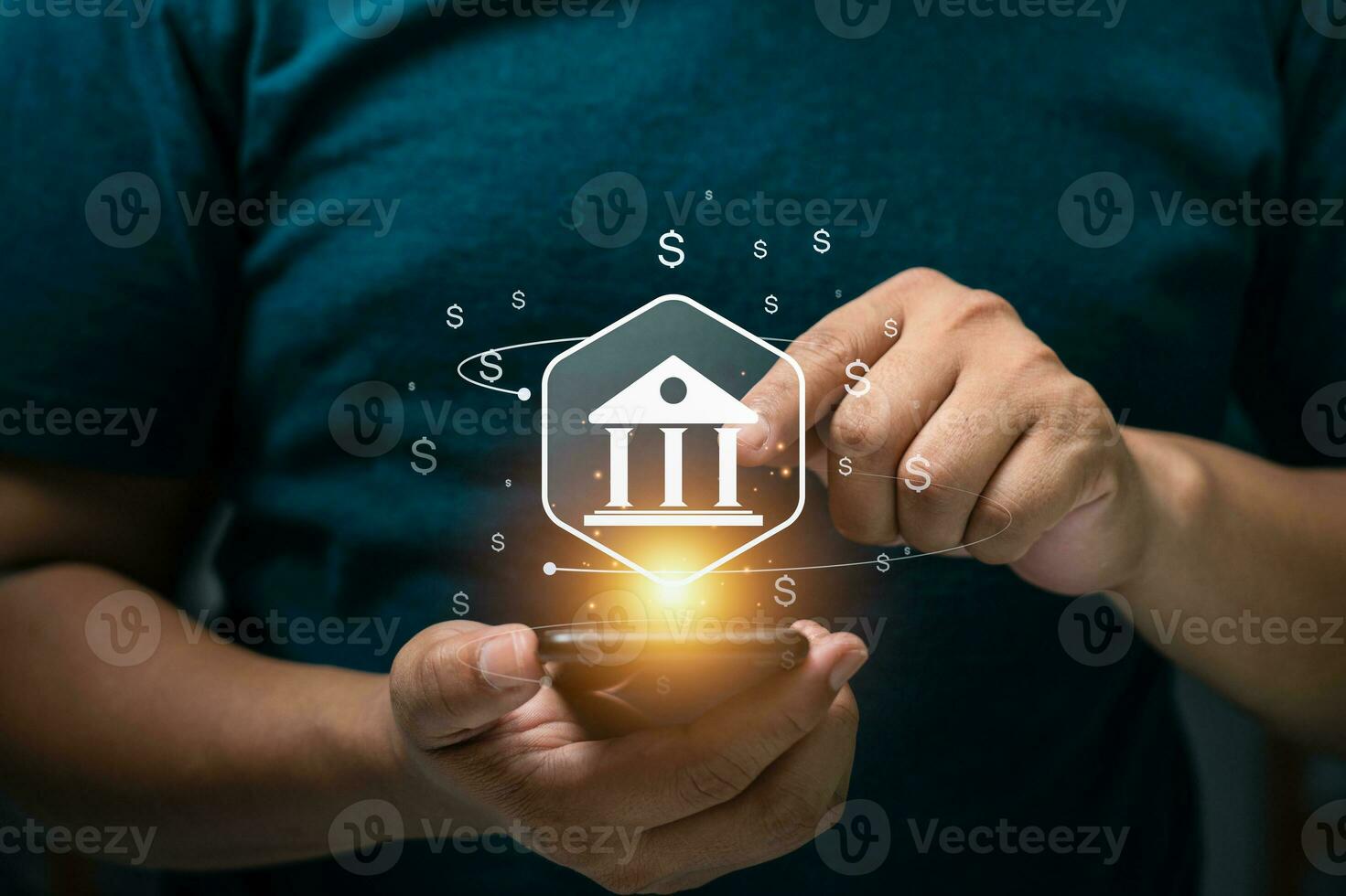 Businessman using mobile online banking and payments, digital marketing. Financial and banking networking. Customer network connection and online shopping icons cyber security, business technology photo