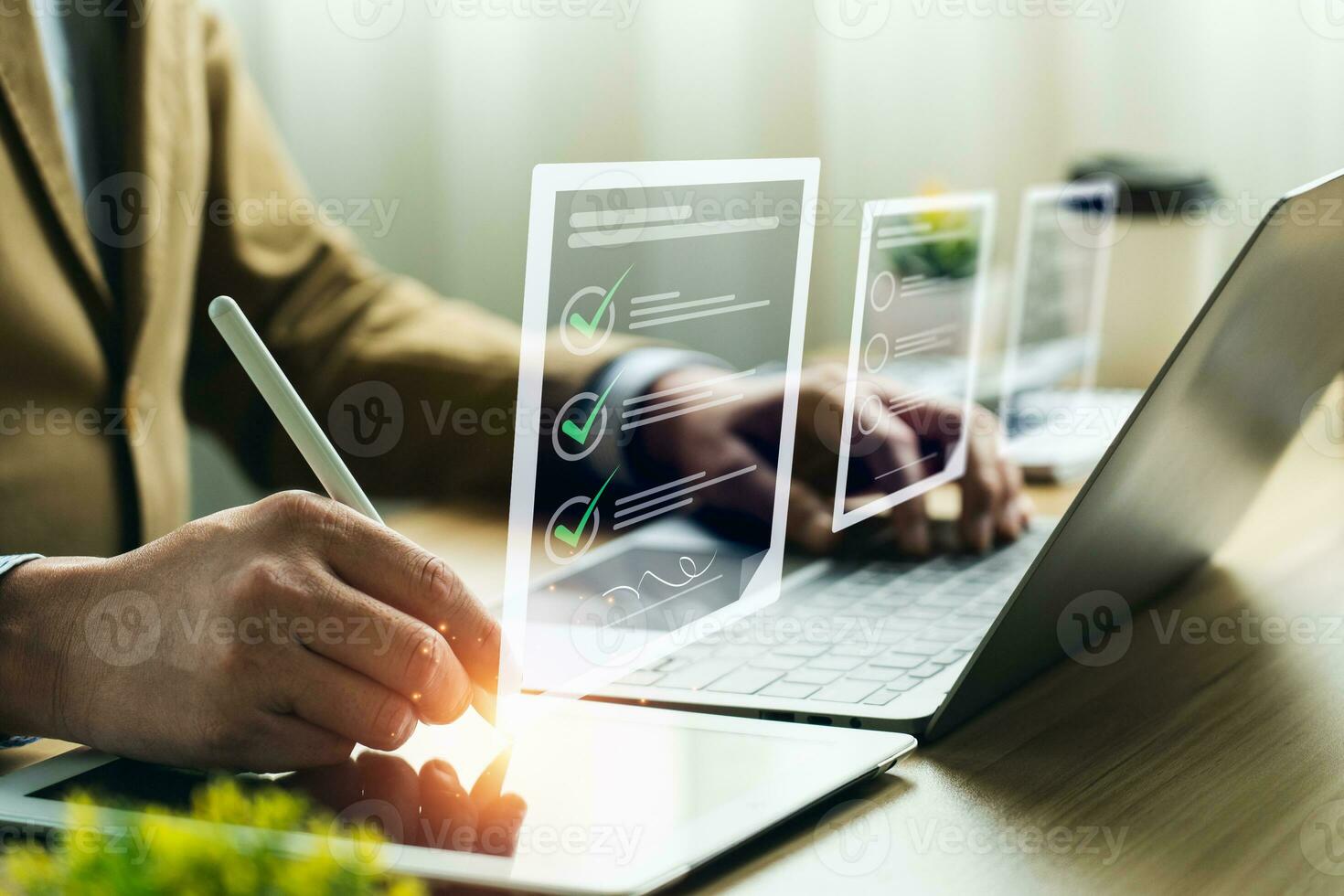 Electronic Signature Concept. Businessman signing documents online on tablet, Online document signing management system e-Signature, Digital Signature, business contract photo