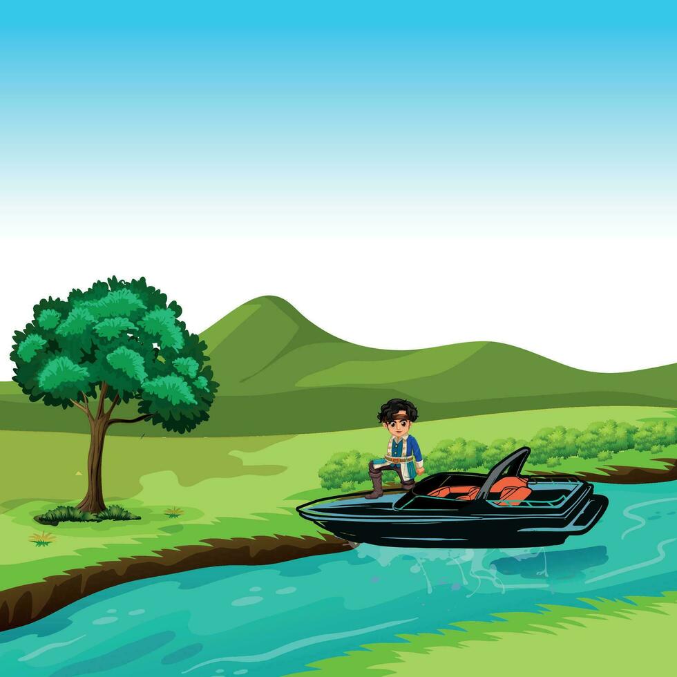 Oceano paisaje con chico en motor barco vector