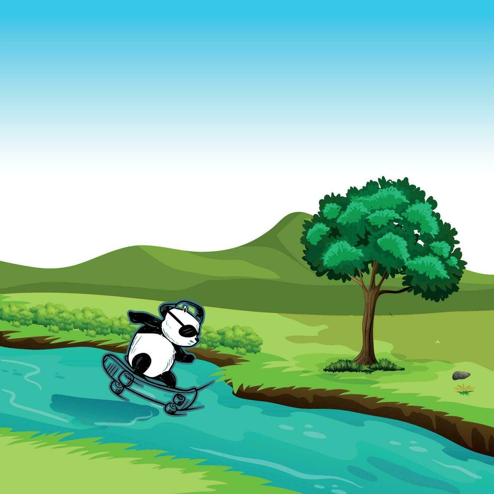 Ocean scenery with panda skateboarding vector