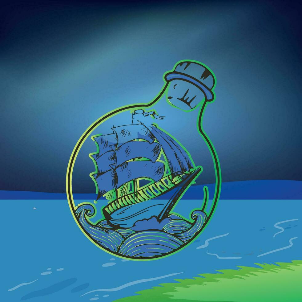 Ship In A Light Bulb Night Sea Sky vector