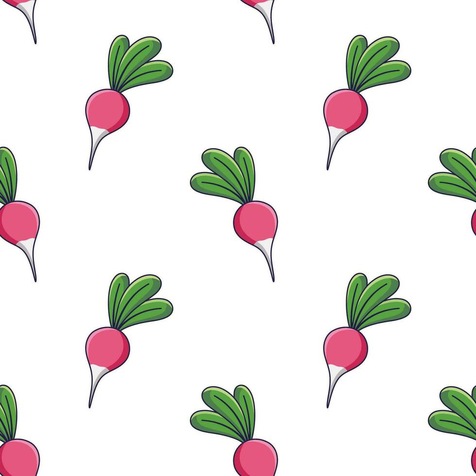 Cute Radish seamless pattern in doodle style. Vector hand drawn cartoon Radish illustration. Hand drawn Sketch of Radish. Pattern for kids clothes.