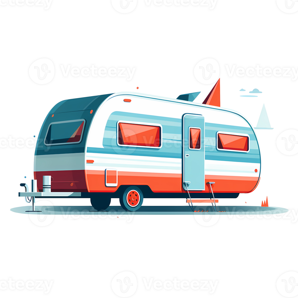 Ai generated rv trailer on a flat surface with trees and rocks png