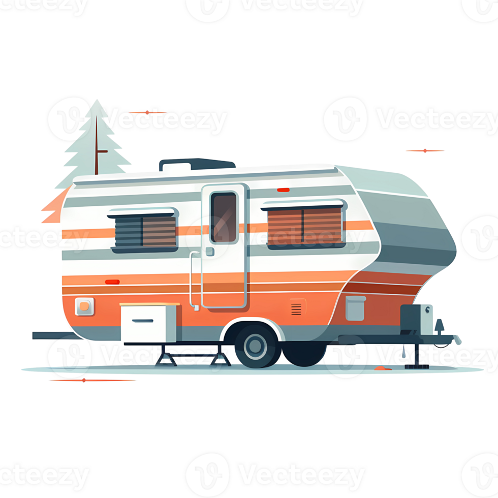 Ai generated rv trailer on a flat surface with trees and rocks png